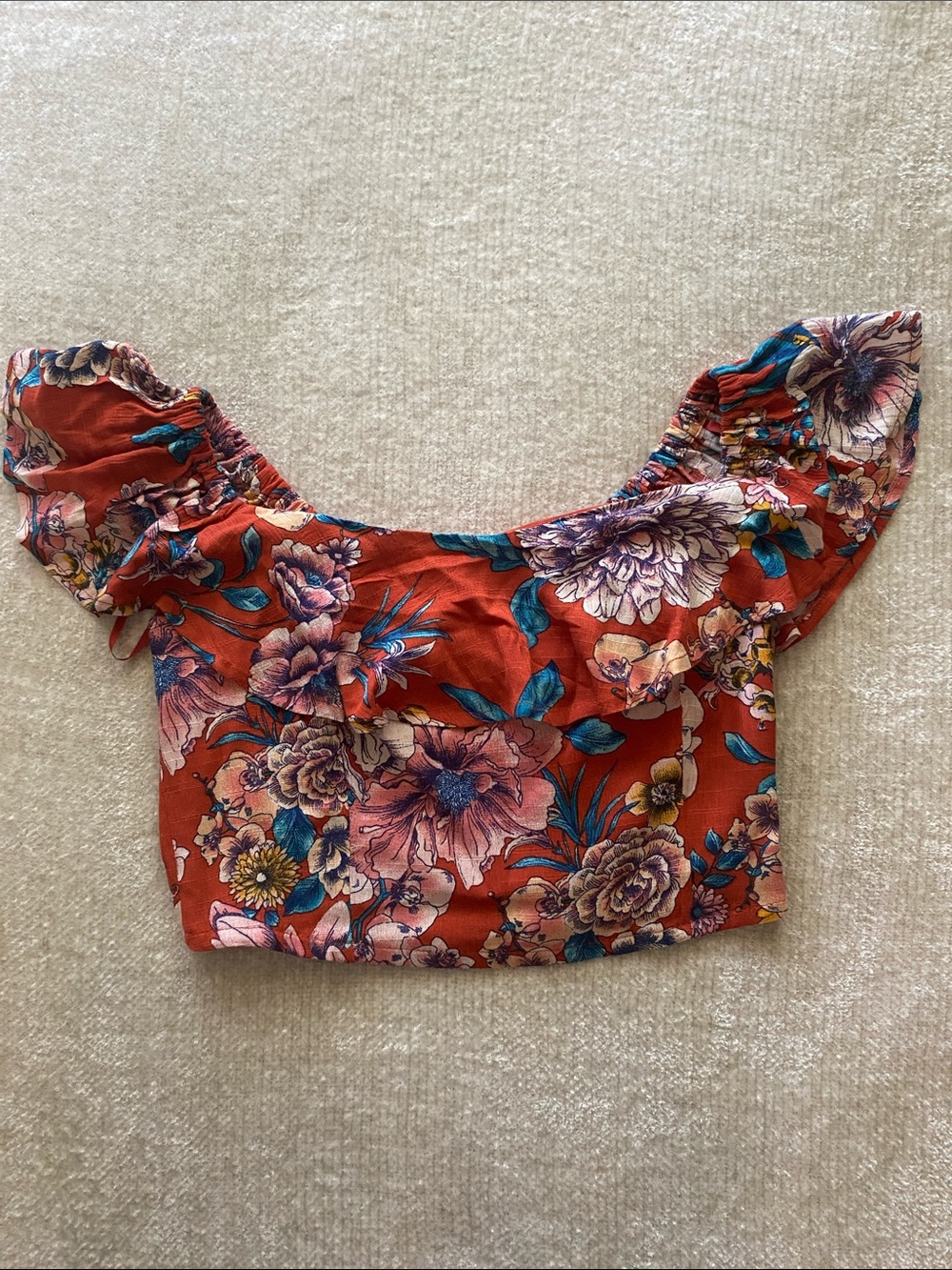 Band of Gypsies Rust Floral Off-Shoulder Crop Top with Teal Accents